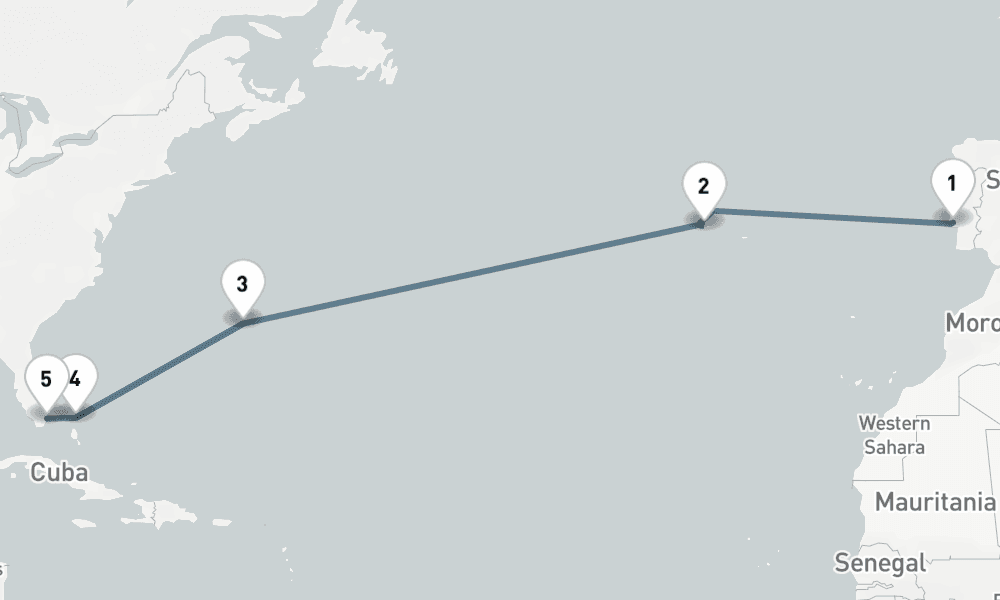 12 nights / 13 days, one-way from Lisbon to Miami (Florida)