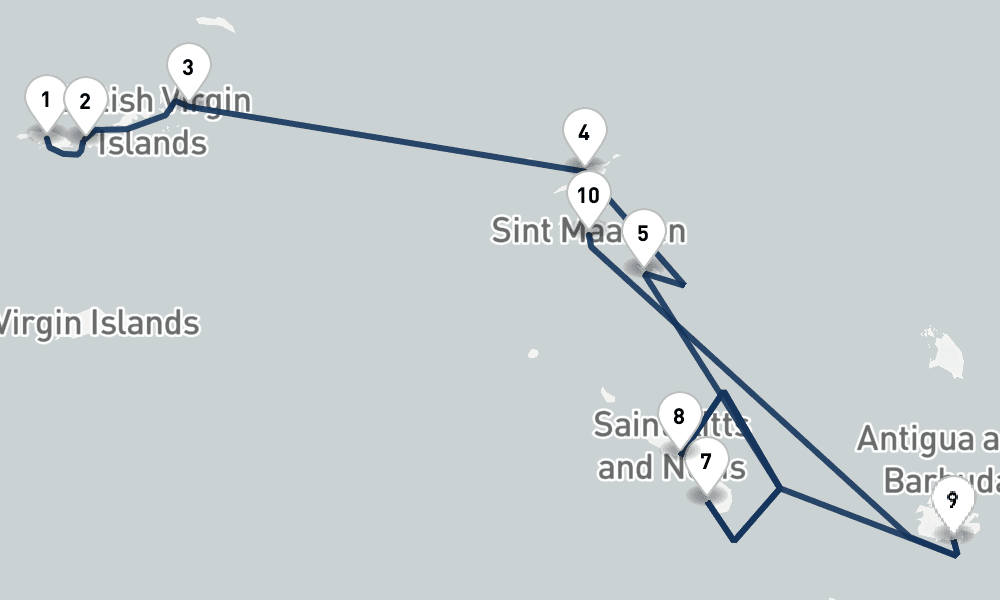 7 nights / 8 days, one-way from Saint Thomas Island (Charlotte Amalie, USVI) to Philipsburg (St Maarten Island, Dutch Antilles)