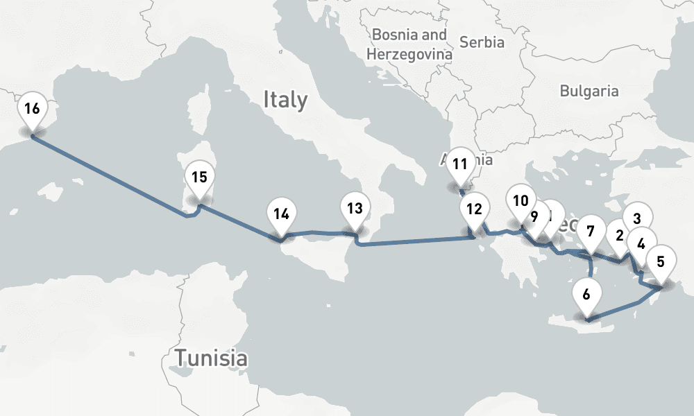 16 nights / 17 days, one-way from Piraeus (Athens, Greece) to Barcelona