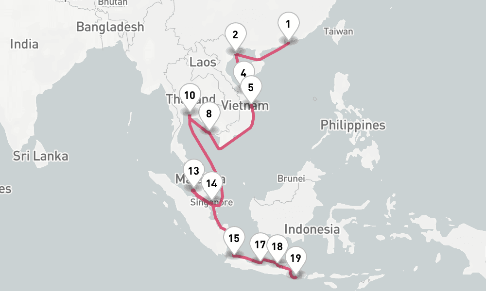 26 nights / 27 days, one-way from Hong Kong to Benoa (Bali, Indonesia)