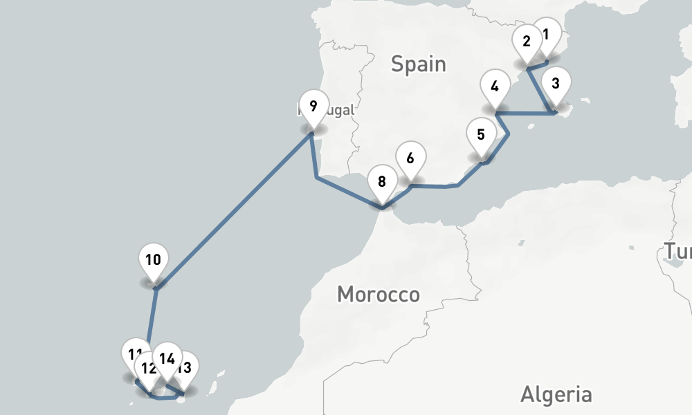 18 nights / 19 days, one-way from Barcelona to Santa Cruz de Tenerife (Canary Islands)
