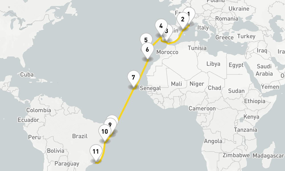 19 nights / 20 days, one-way from Marseille to Rio de Janeiro