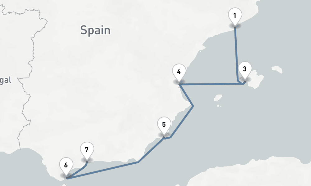 7 nights / 8 days, one-way from Barcelona to Malaga