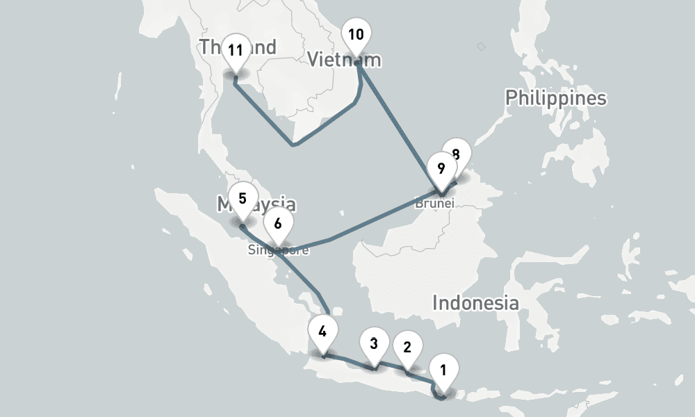 14 nights / 15 days, one-way from Benoa (Bali, Indonesia) to Laem Chabang (Bangkok, Thailand)