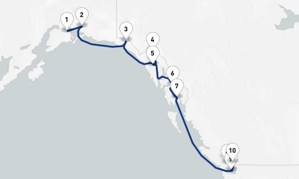 11 nights / 12 days, one-way from Whittier (Alaska) to Vancouver (BC Canada)
