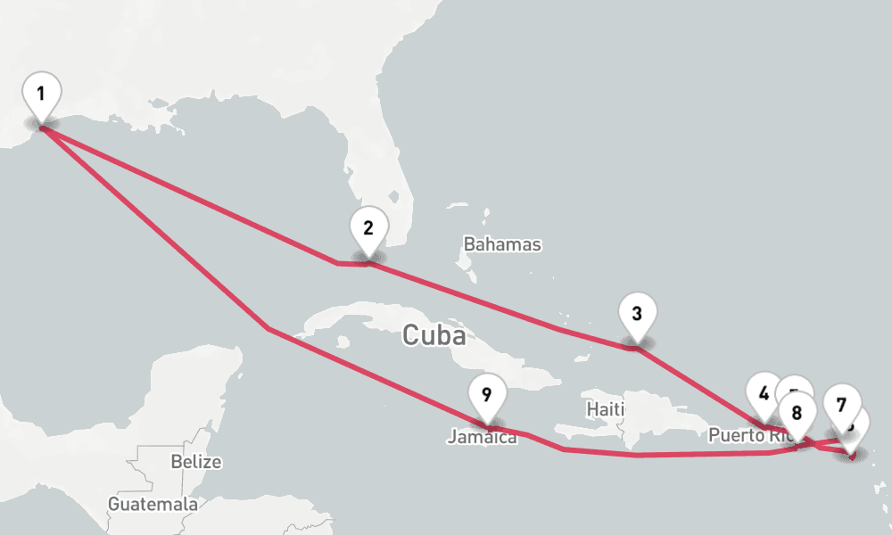 14 nights / 15 days, Galveston (Texas) Round trip