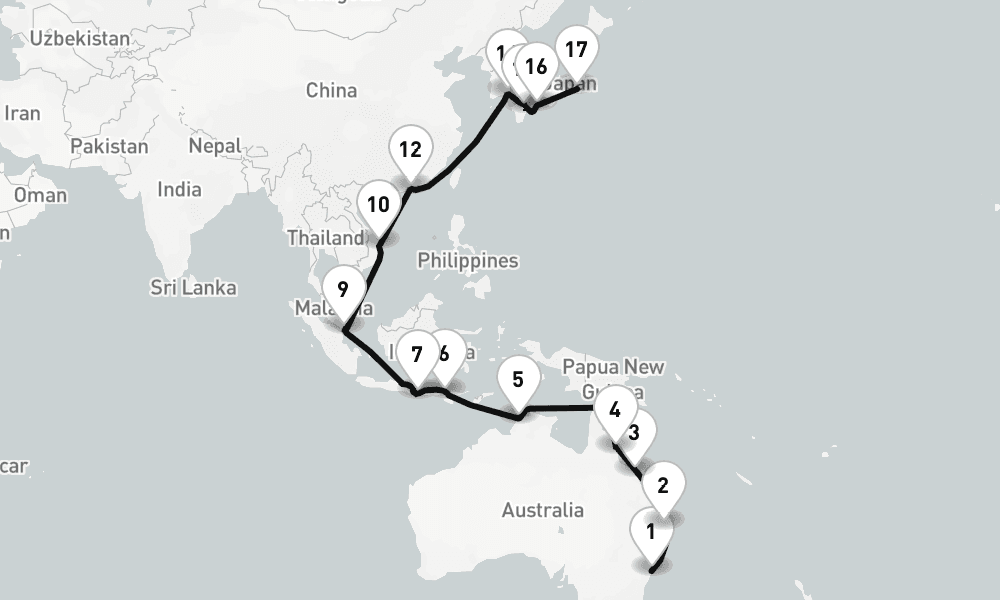 34 nights / 35 days, one-way from Sydney (NSW, Australia) to Tokyo