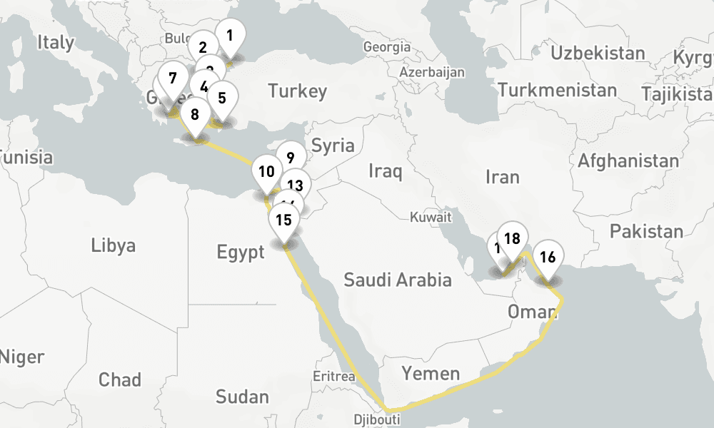 25 nights / 26 days, one-way from Istanbul to Dubai (Port Rashid, UAE)