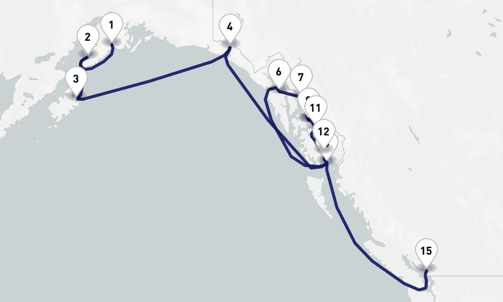 14 nights / 15 days, one-way from Seward (Alaska) to Vancouver (BC Canada)