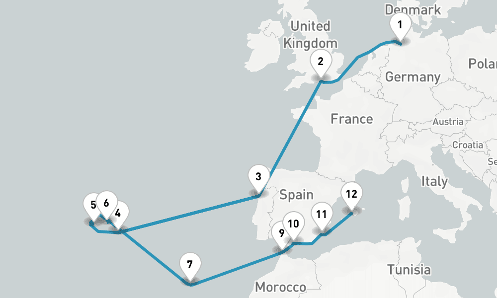 18 nights / 19 days, one-way from Bremerhaven (Bremen, Germany) to Palma de Mallorca (Majorca Island, Spain)