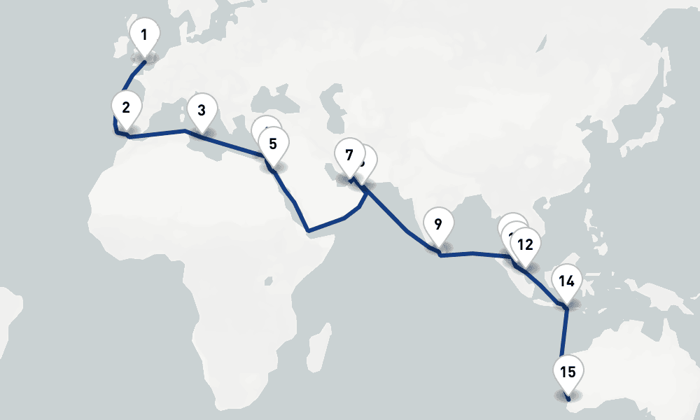 39 nights / 40 days, one-way from Southampton (England) to Fremantle (Perth, Western Australia)