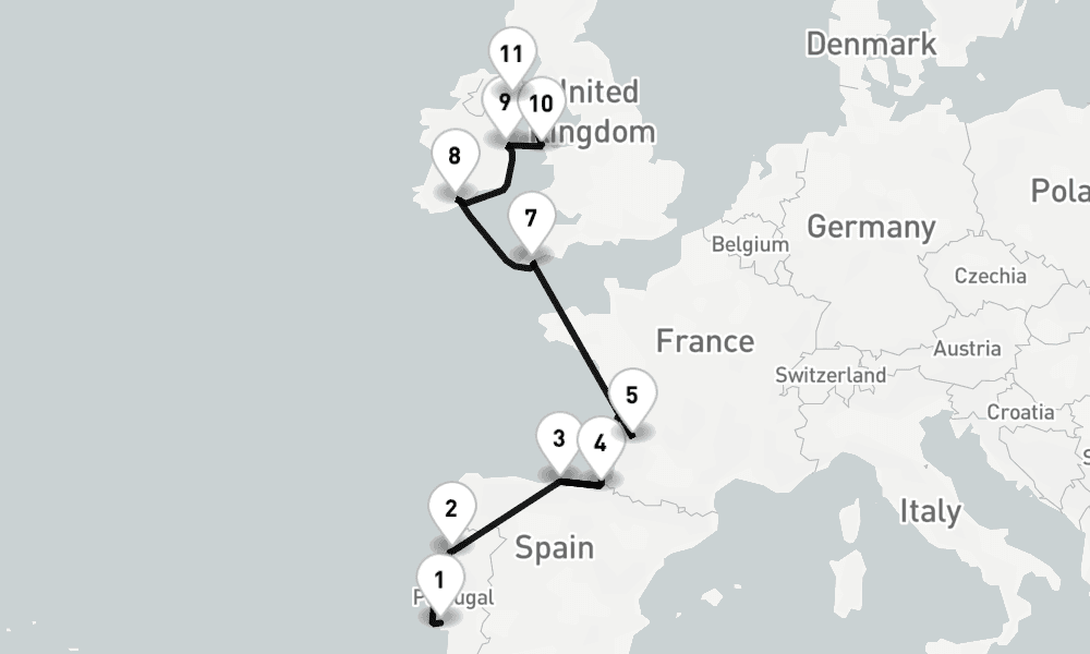 12 nights / 13 days, one-way from Lisbon to Belfast (Northern Ireland)