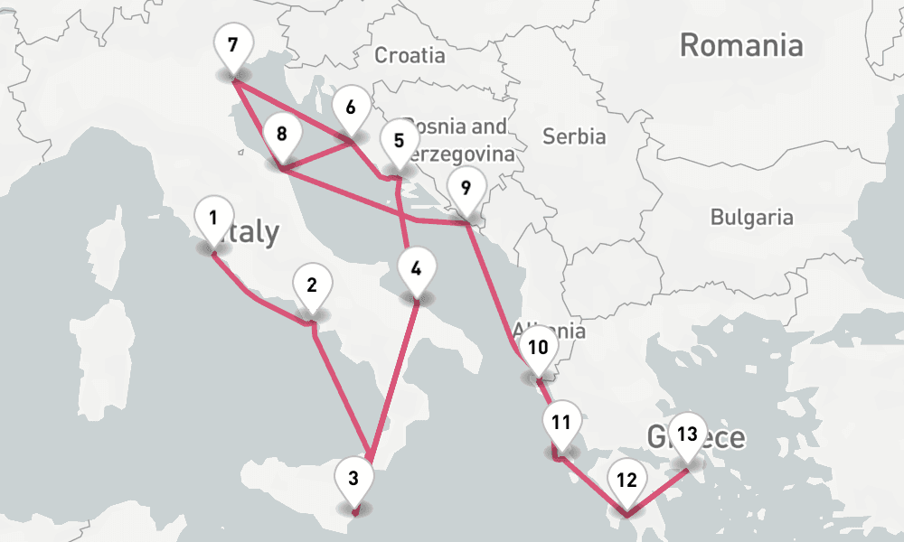 14 nights / 15 days, one-way from Civitavecchia (Rome, Italy) to Piraeus (Athens, Greece)