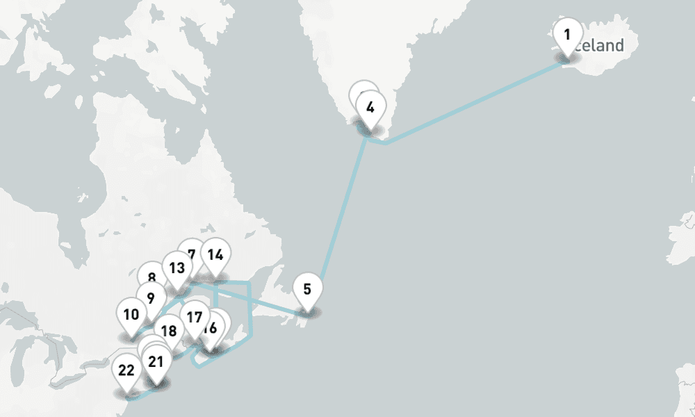 26 nights / 27 days, one-way from Reykjavik to New York (Cape Liberty NYC)