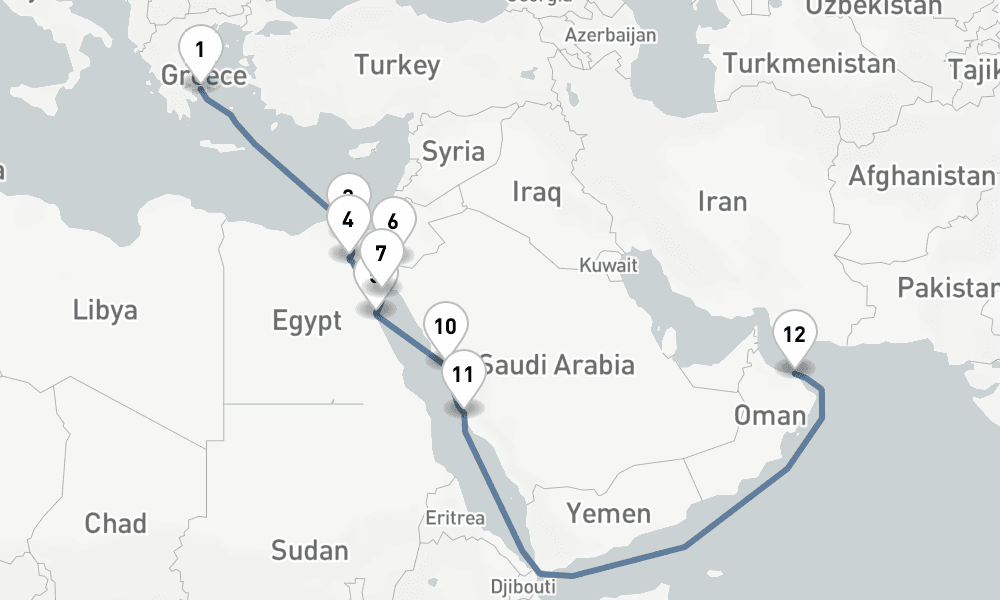 19 nights / 20 days, one-way from Piraeus (Athens, Greece) to Muscat