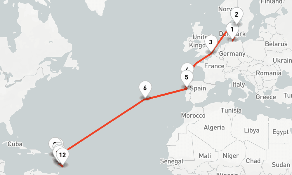 21 nights / 22 days, one-way from Kiel to Bridgetown (Barbados)