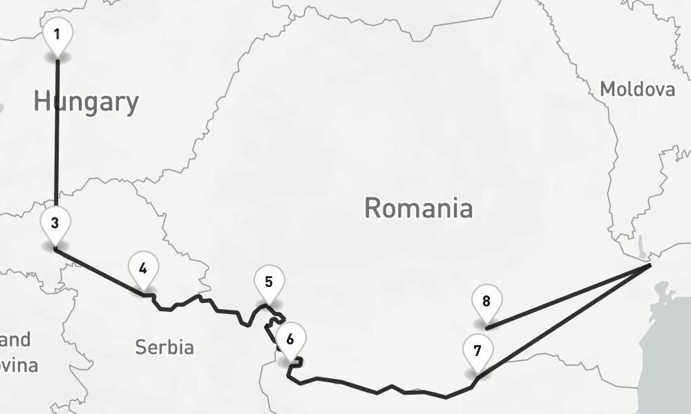 9 nights / 10 days, one-way from Budapest to Bucharest
