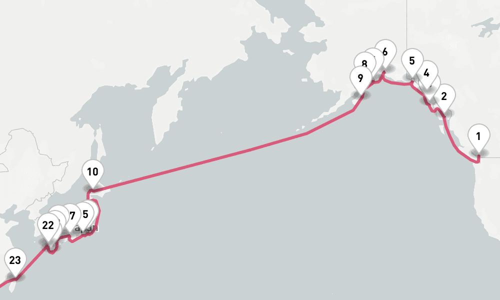 37 nights / 38 days, one-way from Vancouver (BC Canada) to Hong Kong