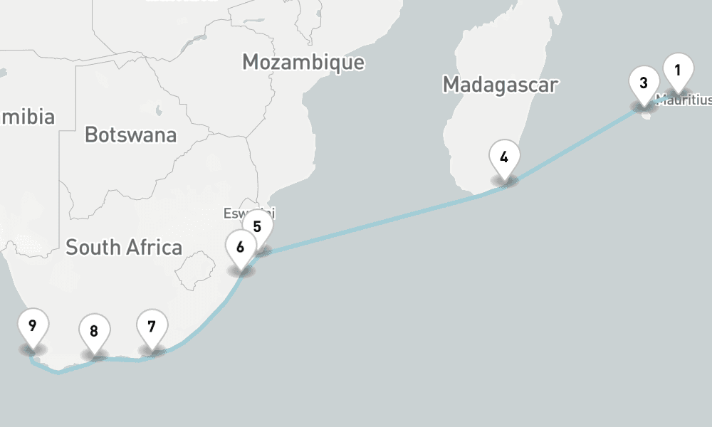 14 nights / 15 days, one-way from Port Louis (Mauritius Island) to Cape Town