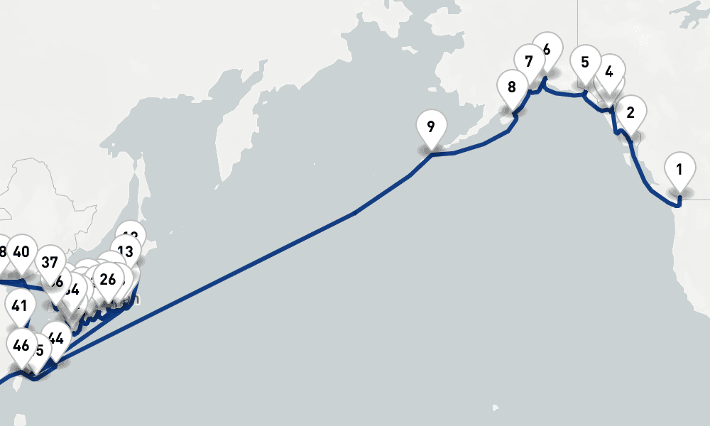 114 nights / 115 days, one-way from Vancouver (BC Canada) to Auckland