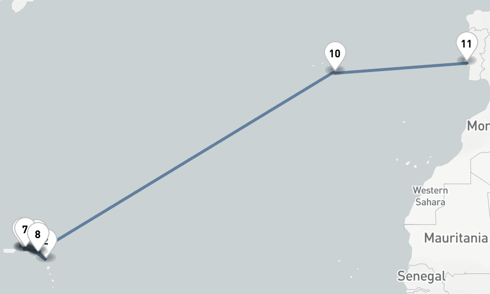 21 nights / 22 days, one-way from Philipsburg (St Maarten Island, Dutch Antilles) to Lisbon