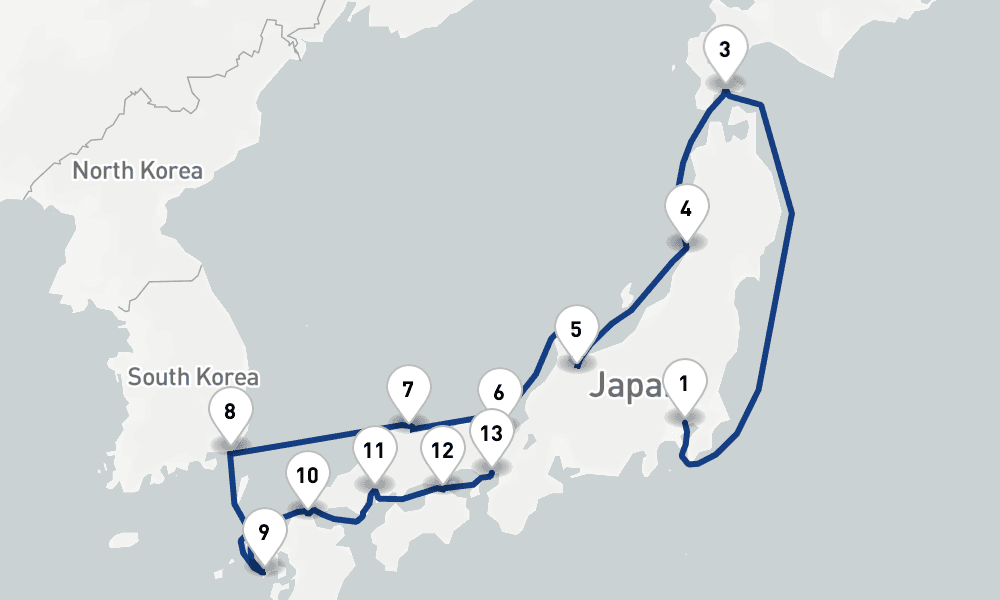 14 nights / 15 days, one-way from Tokyo to Kobe (Osaka-Kyoto, Japan)