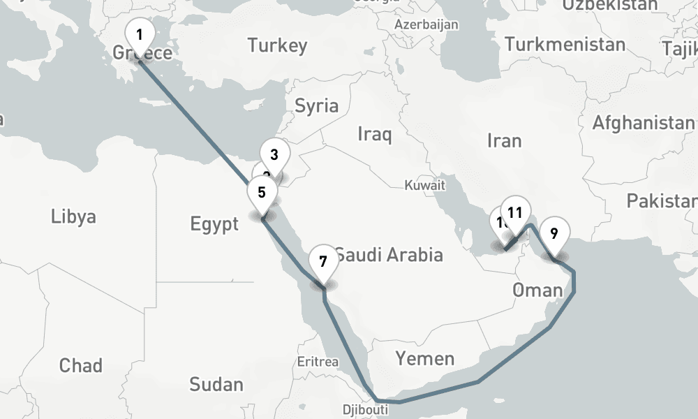 21 nights / 22 days, one-way from Piraeus (Athens, Greece) to Dubai (Port Rashid, UAE)