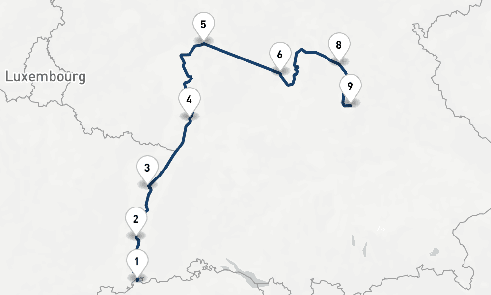 9 nights / 10 days, one-way from Basel to Nuremberg