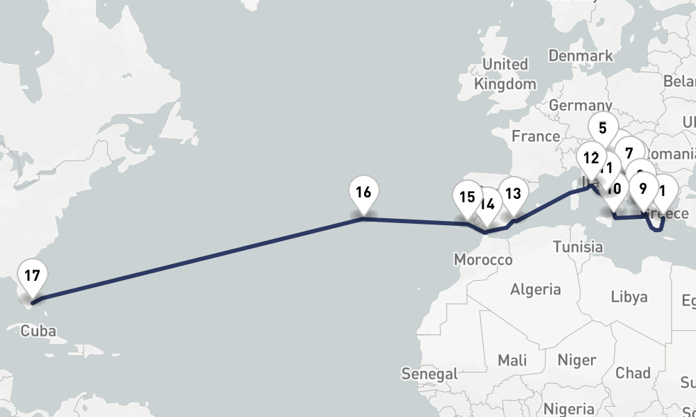 28 nights / 29 days, one-way from Piraeus (Athens, Greece) to Fort Lauderdale (Everglades, Florida)