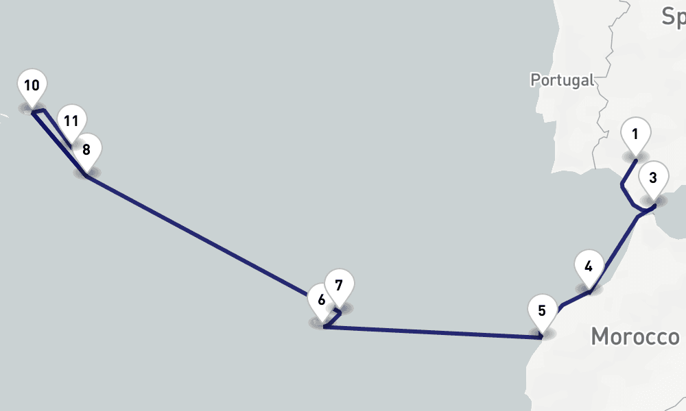 13 nights / 14 days, one-way from Seville to Ponta Delgada (Sao Miguel Island, Azores)