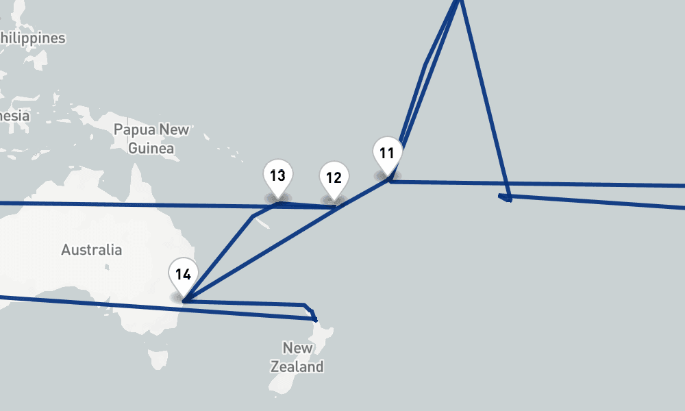 45 nights / 46 days, one-way from Southampton (England) to Sydney (NSW, Australia)