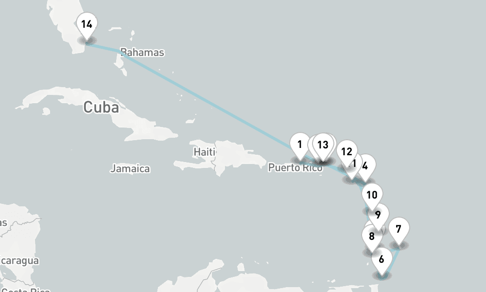 18 nights / 19 days, one-way from San Juan (Puerto Rico) to Miami (Florida)