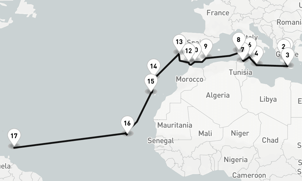 28 nights / 29 days, one-way from Piraeus (Athens, Greece) to Bridgetown (Barbados)