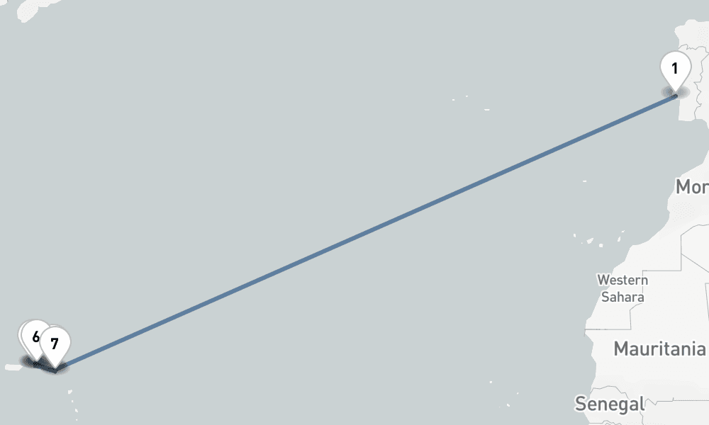 19 nights / 20 days, one-way from Lisbon to Philipsburg (St Maarten Island, Dutch Antilles)