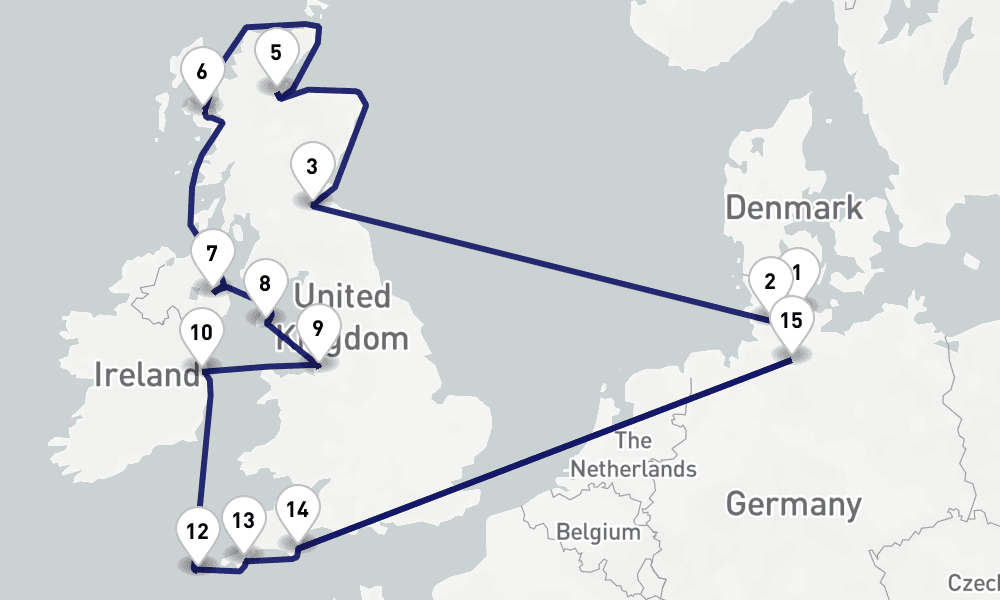 15 nights / 16 days, one-way from Kiel to Hamburg