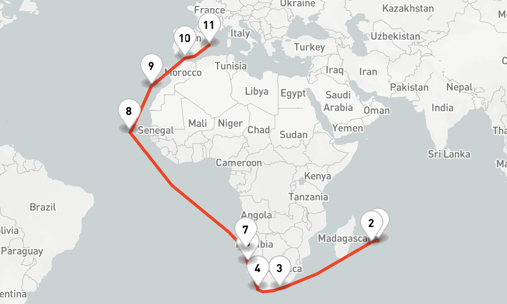27 nights / 28 days, one-way from Port Louis (Mauritius Island) to Palma de Mallorca (Majorca Island, Spain)