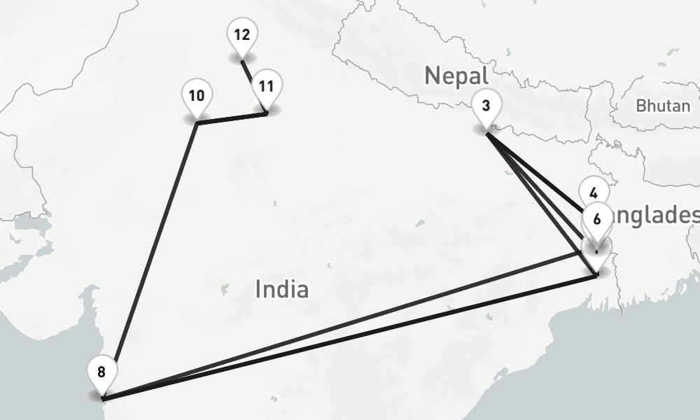 15 nights / 16 days, one-way from Kolkata (Calcutta, India) to New Delhi