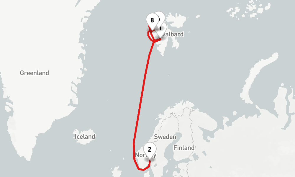 8 nights / 9 days, one-way from Longyearbyen (Spitsbergen, Arctic Norway) to Oslo