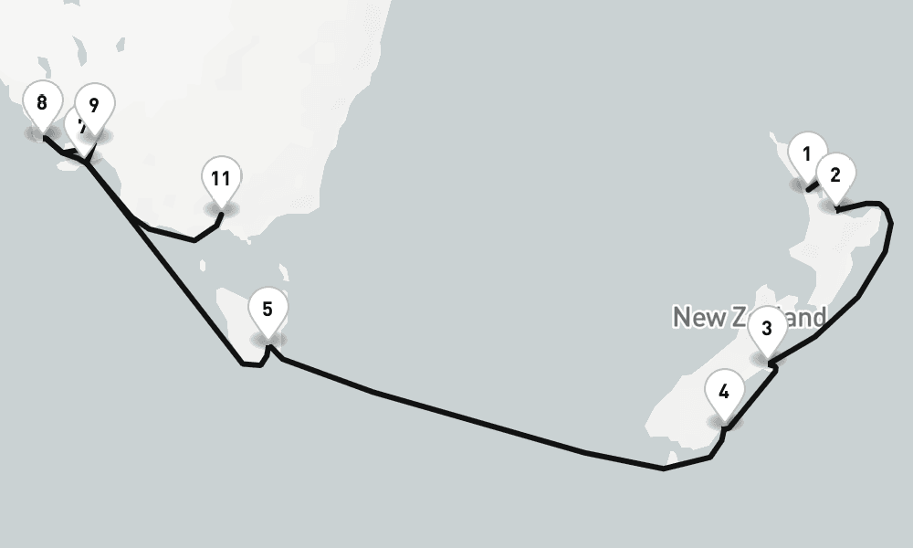 16 nights / 17 days, one-way from Auckland to Melbourne (Victoria, Australia)