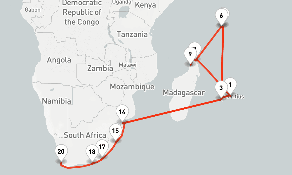 28 nights / 29 days, one-way from Port Louis (Mauritius Island) to Cape Town