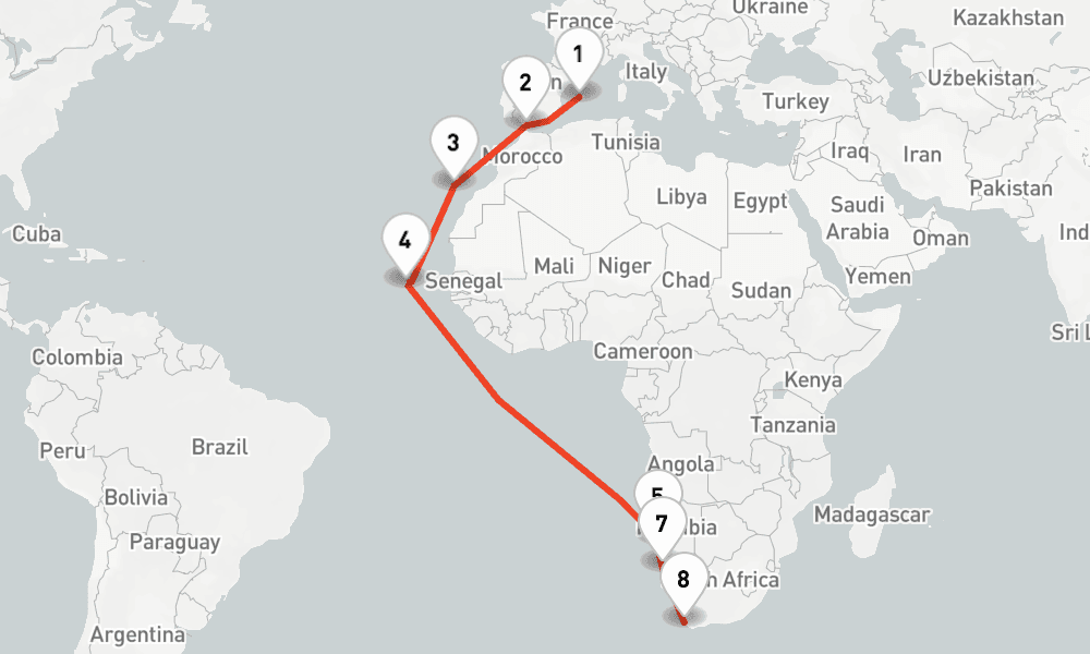 20 nights / 21 days, one-way from Palma de Mallorca (Majorca Island, Spain) to Cape Town