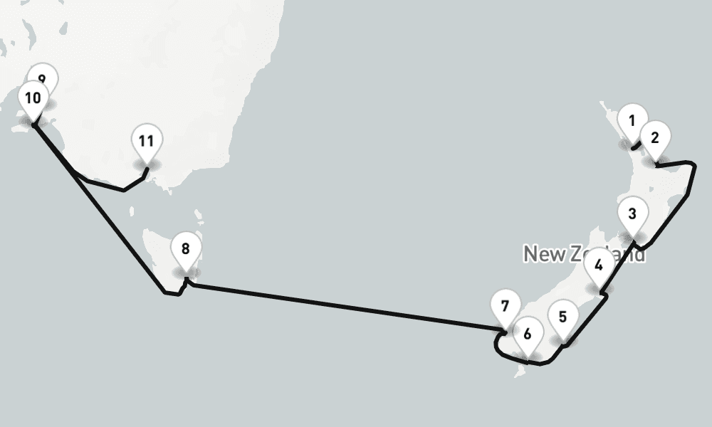 16 nights / 17 days, one-way from Auckland to Melbourne (Victoria, Australia)