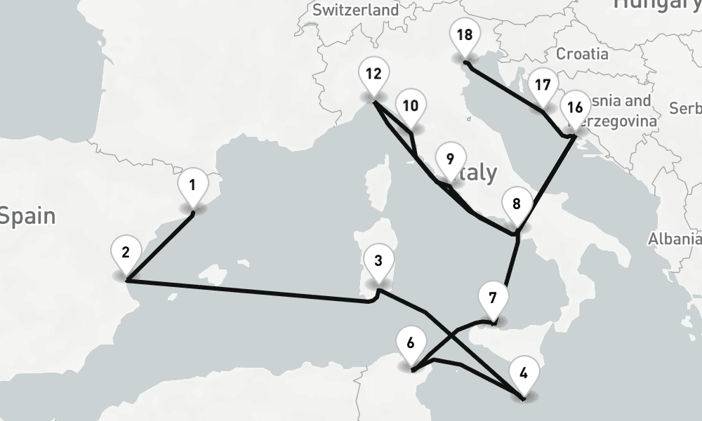 20 nights / 21 days, one-way from Barcelona to Venice