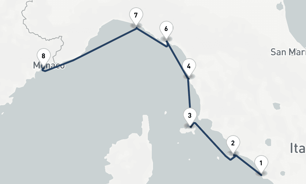 7 nights / 8 days, one-way from Civitavecchia (Rome, Italy) to Villefranche-sur-Mer (Nice, France Riviera)