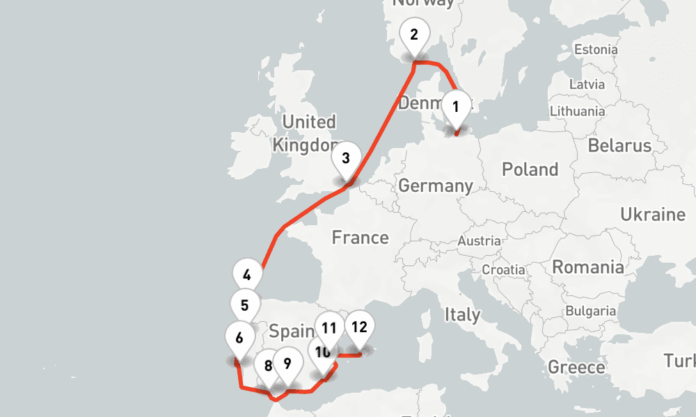 14 nights / 15 days, one-way from Warnemunde (Rostock, Germany) to Palma de Mallorca (Majorca Island, Spain)