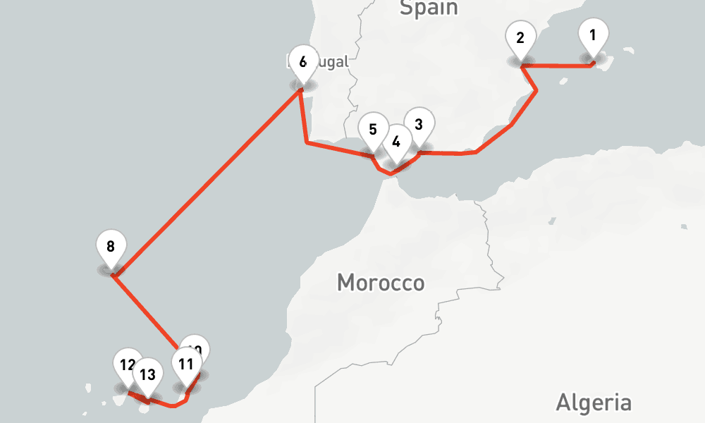 14 nights / 15 days, one-way from Palma de Mallorca (Majorca Island, Spain) to Las Palmas (Gran Canaria, Canary Islands)