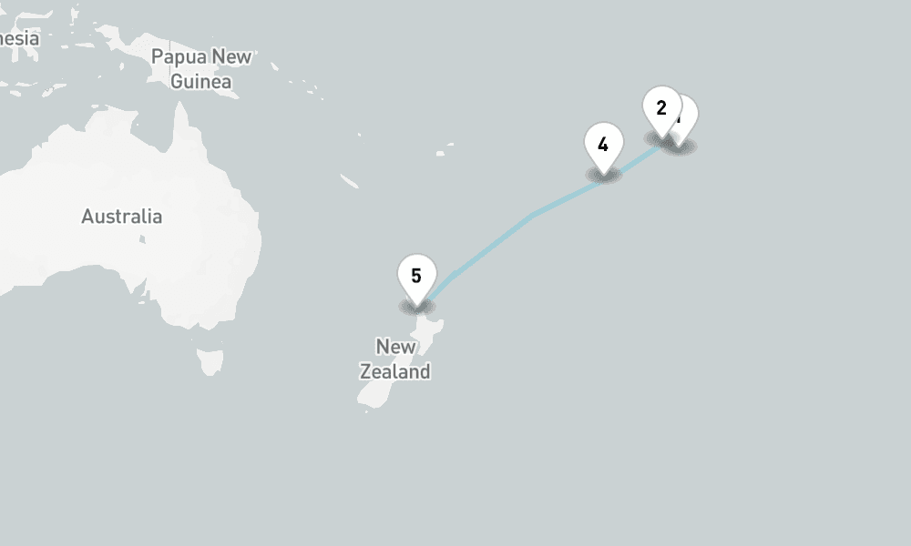 10 nights / 11 days, one-way from Papeete (Tahiti Island, French Polynesia) to Auckland