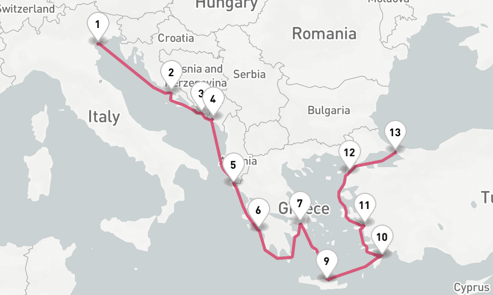 14 nights / 15 days, one-way from Venice to Istanbul