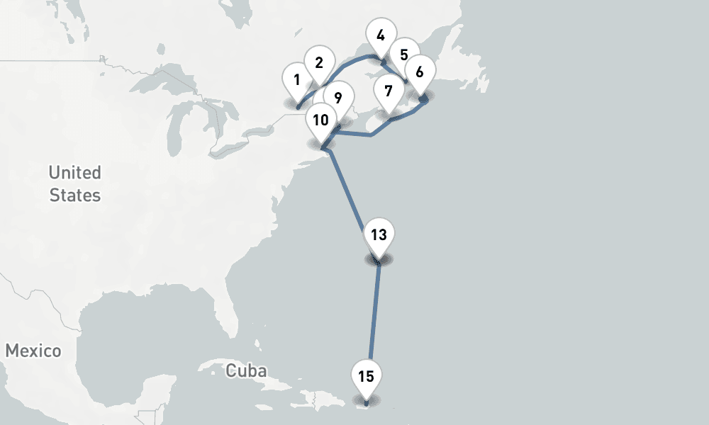19 nights / 20 days, one-way from Montreal (Quebec, Canada) to San Juan (Puerto Rico)
