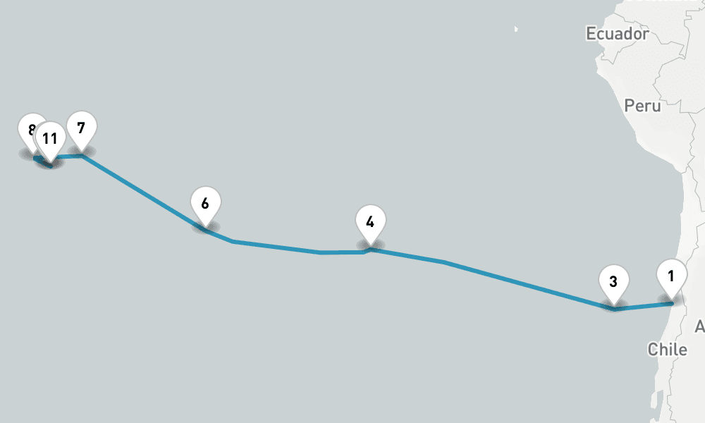 22 nights / 23 days, one-way from Valparaiso (Santiago, Chile) to Papeete (Tahiti Island, French Polynesia)